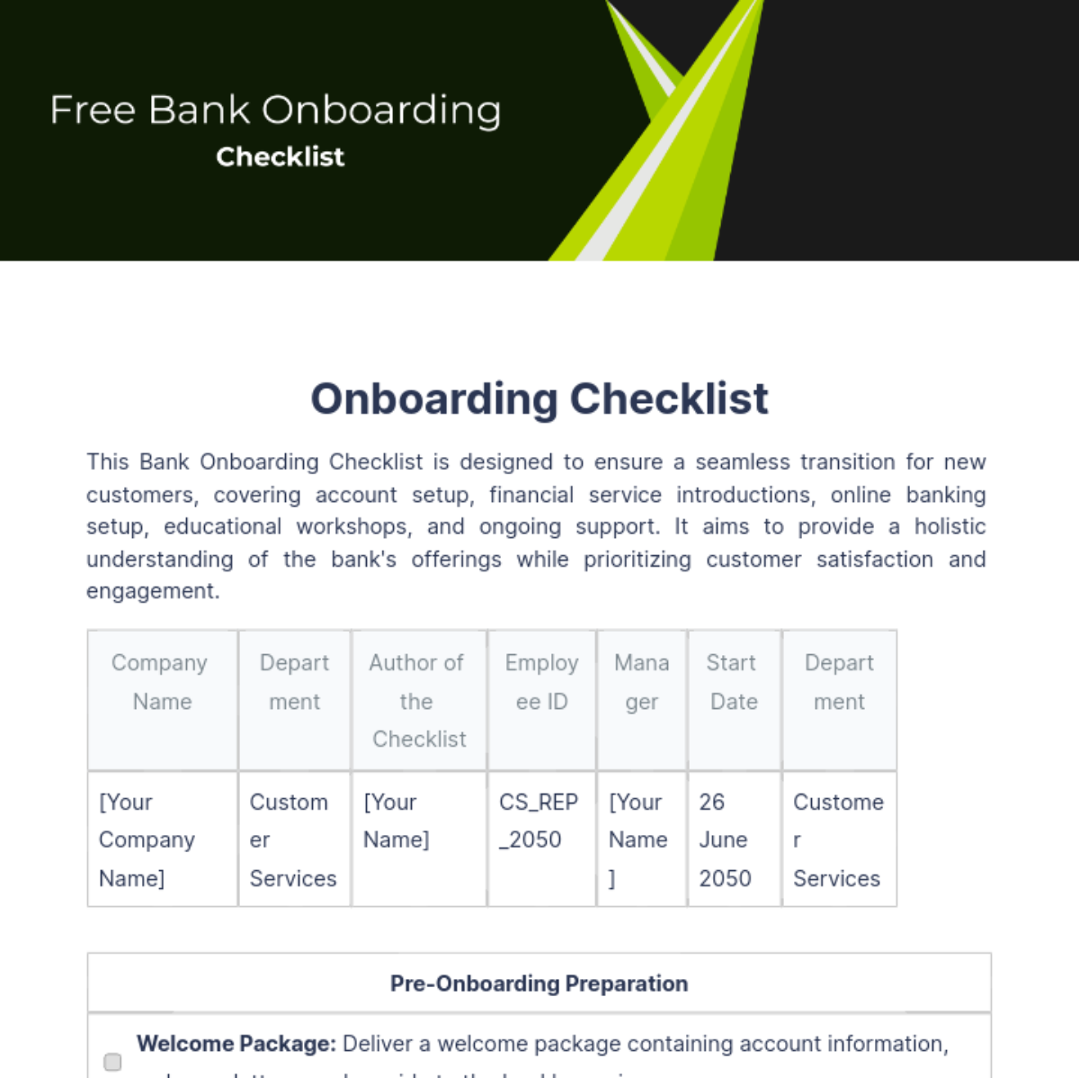 Bank Onboarding Checklist Template