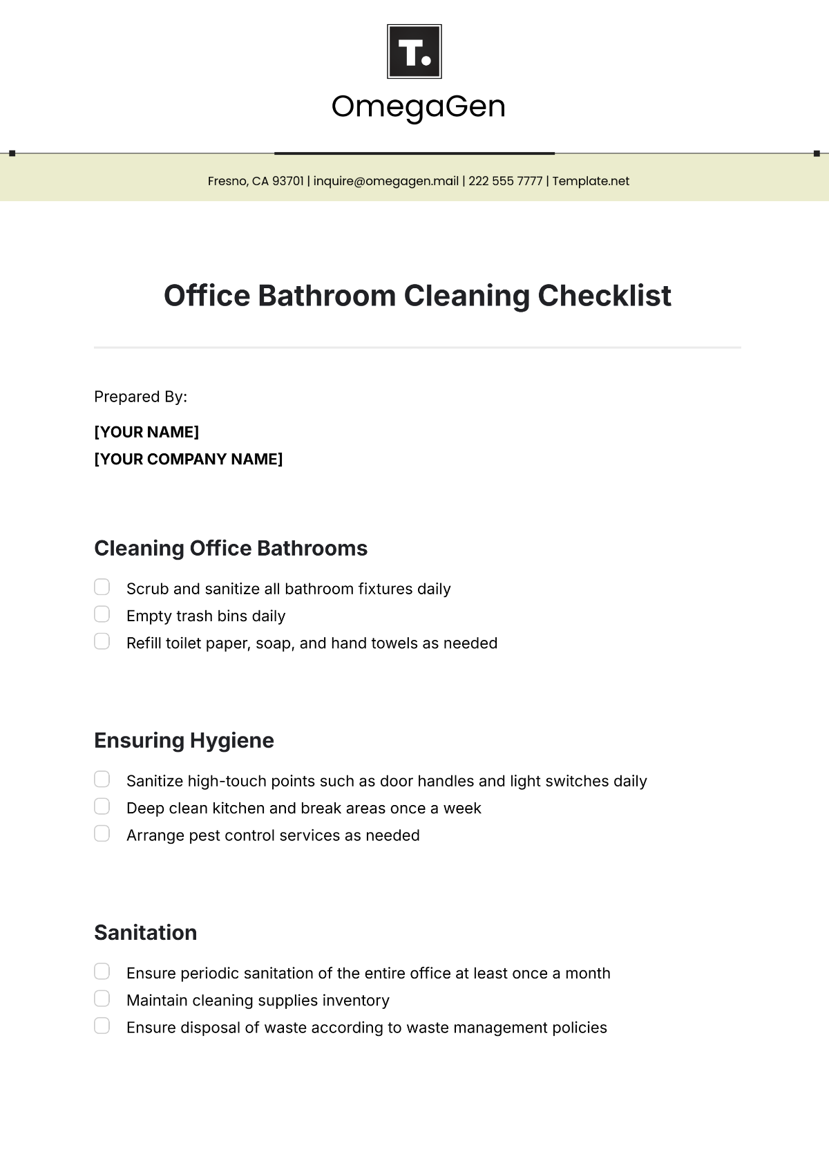 Office Bathroom Cleaning Checklist Template - Edit Online & Download