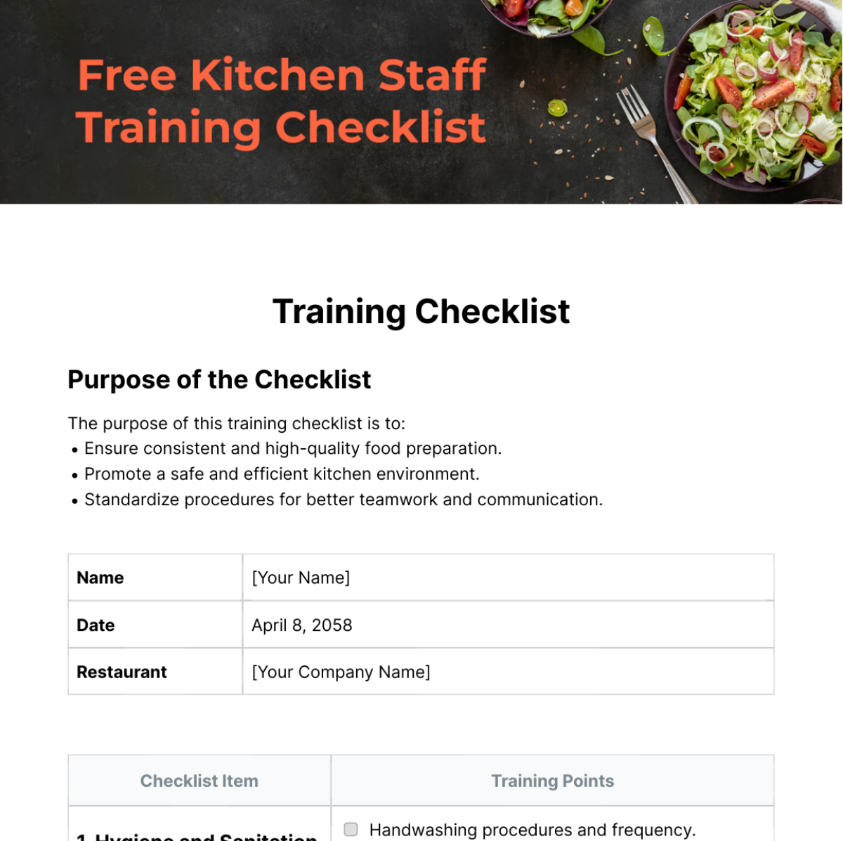 Free Kitchen Staff Training Checklist Template