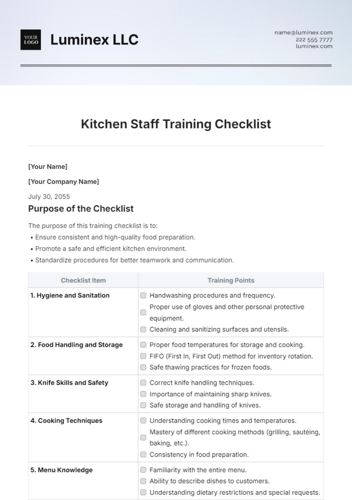 Kitchen Staff Training Checklist Template - Edit Online & Download