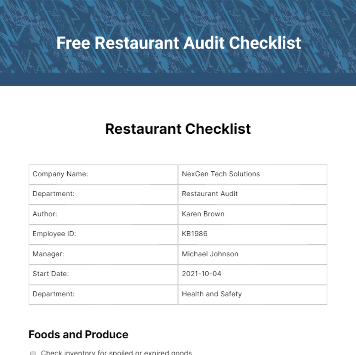 Free Restaurant Audit Checklist Template