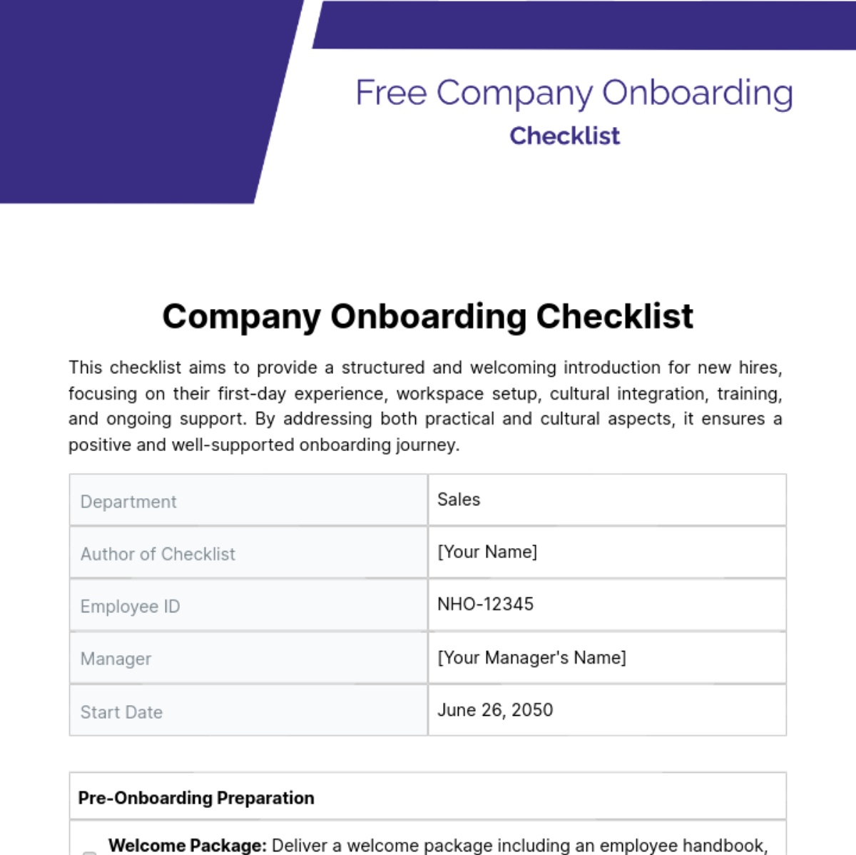 Free Company Onboarding Checklist Template