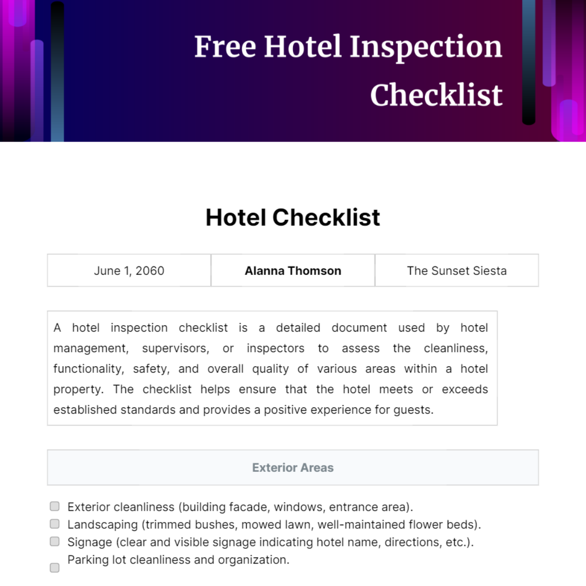 Free Hotel Inspection Checklist Template