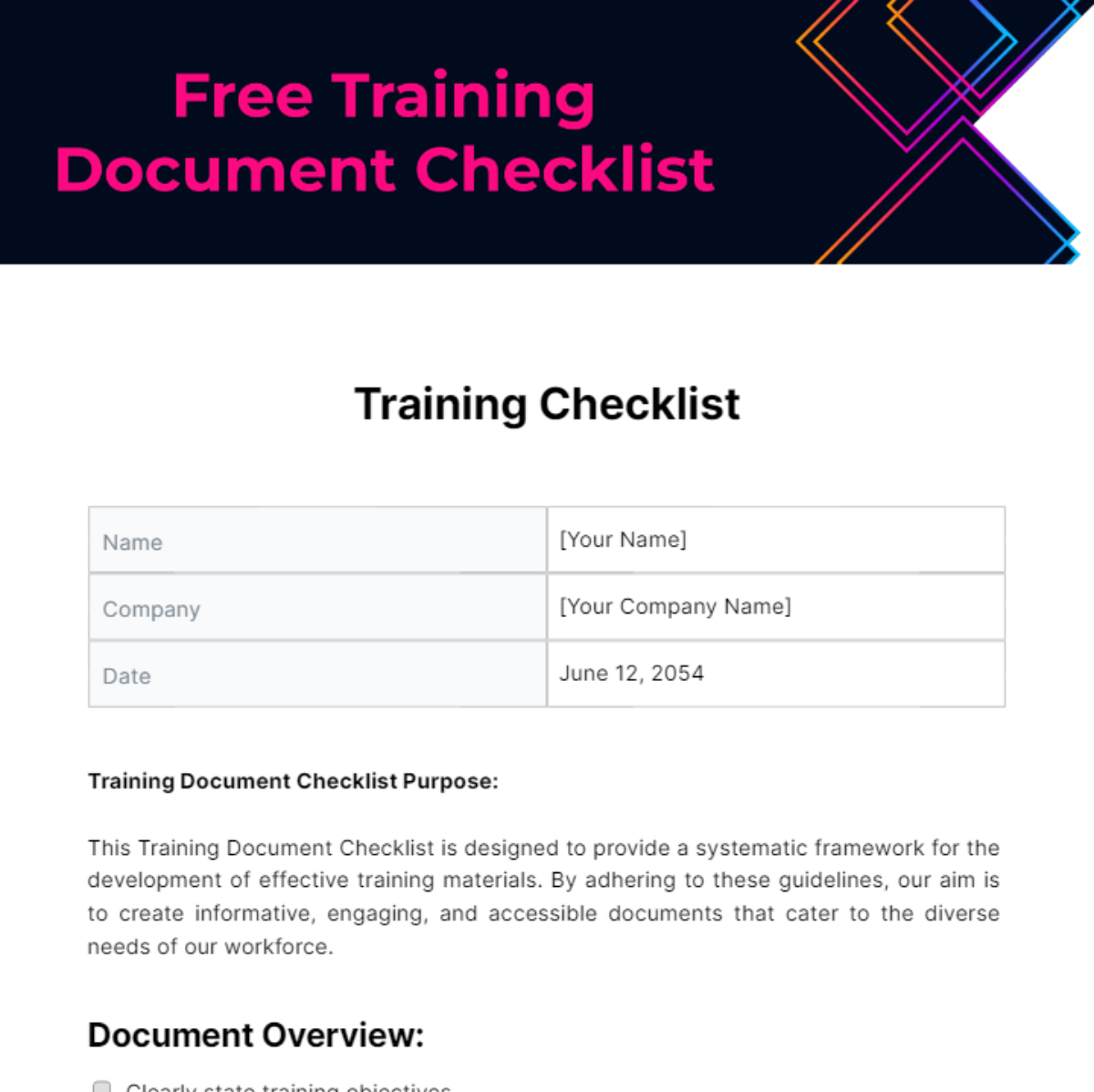 Free Training Document Checklist Template