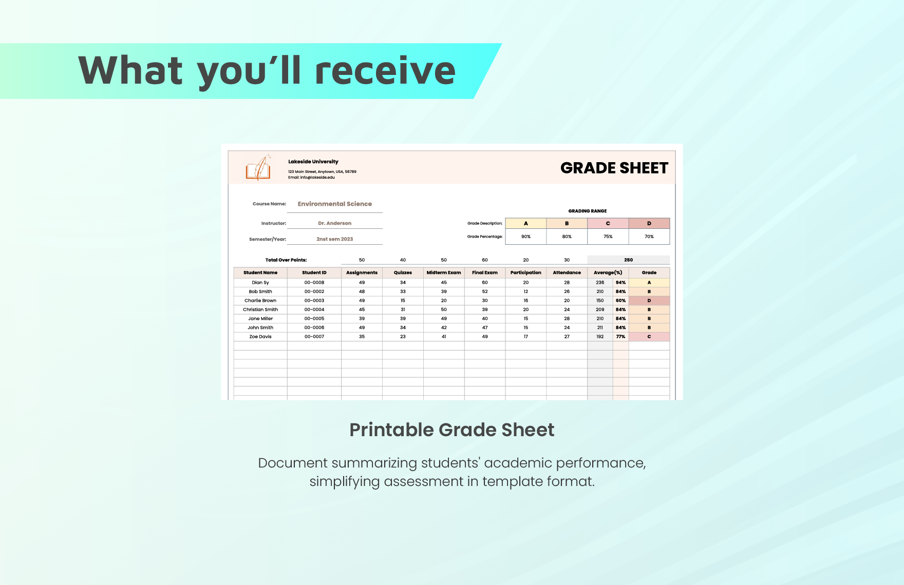 Printable Grade Sheet Template