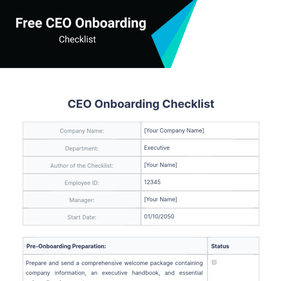CEO Onboarding Checklist Template