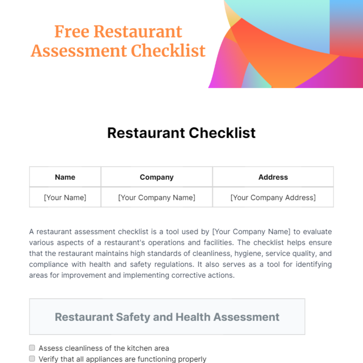 Restaurant Assessment Checklist Template