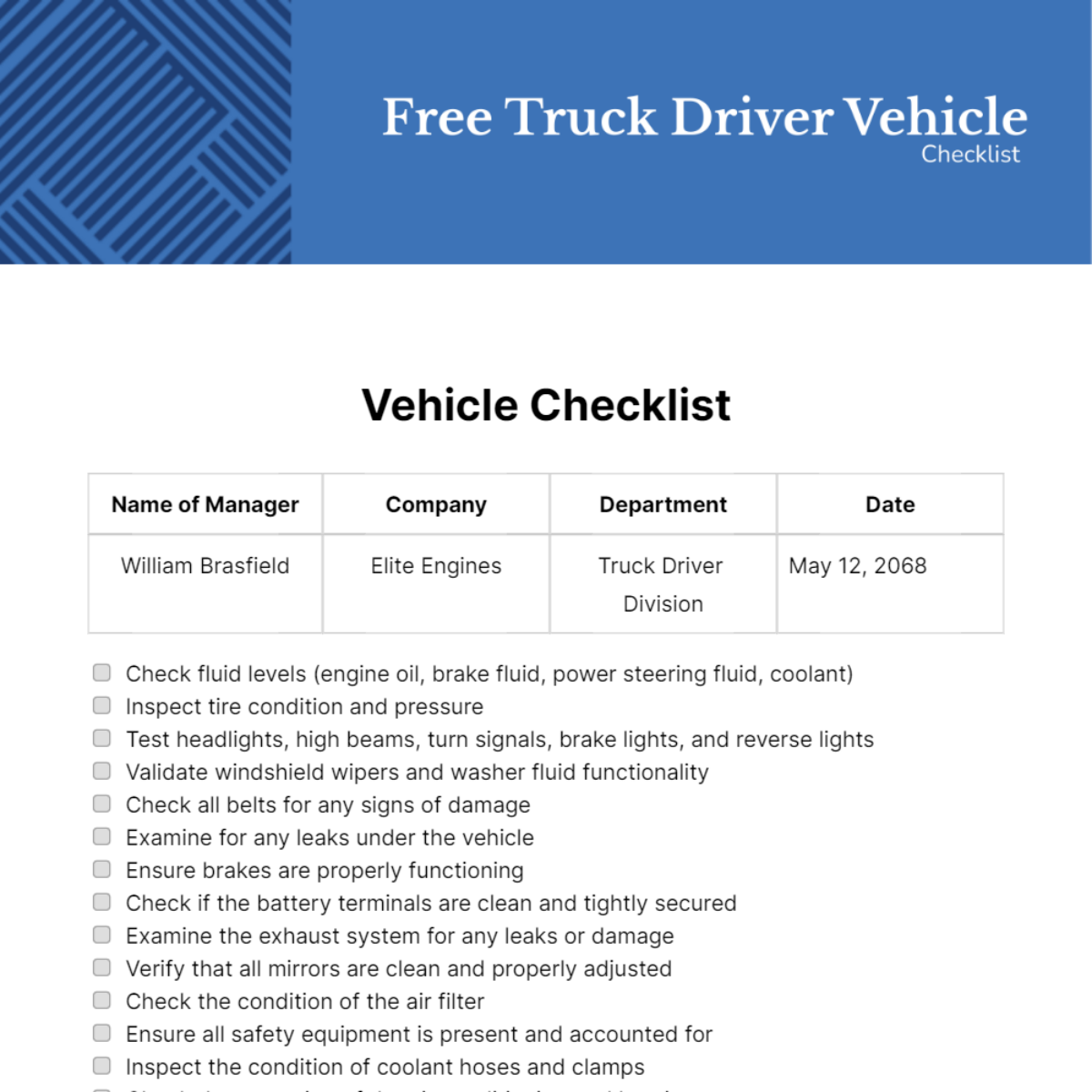 Truck Driver Vehicle Checklist Template