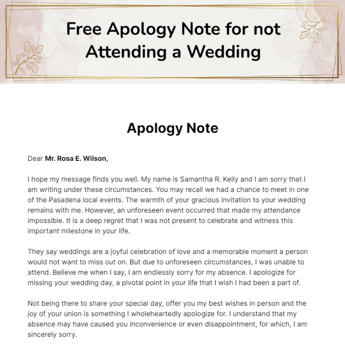 Free Apology Note for not Attending a Wedding Template