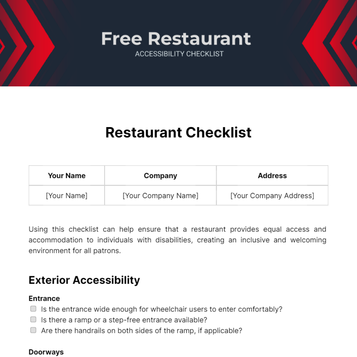 Restaurant Accessibility Checklist Template