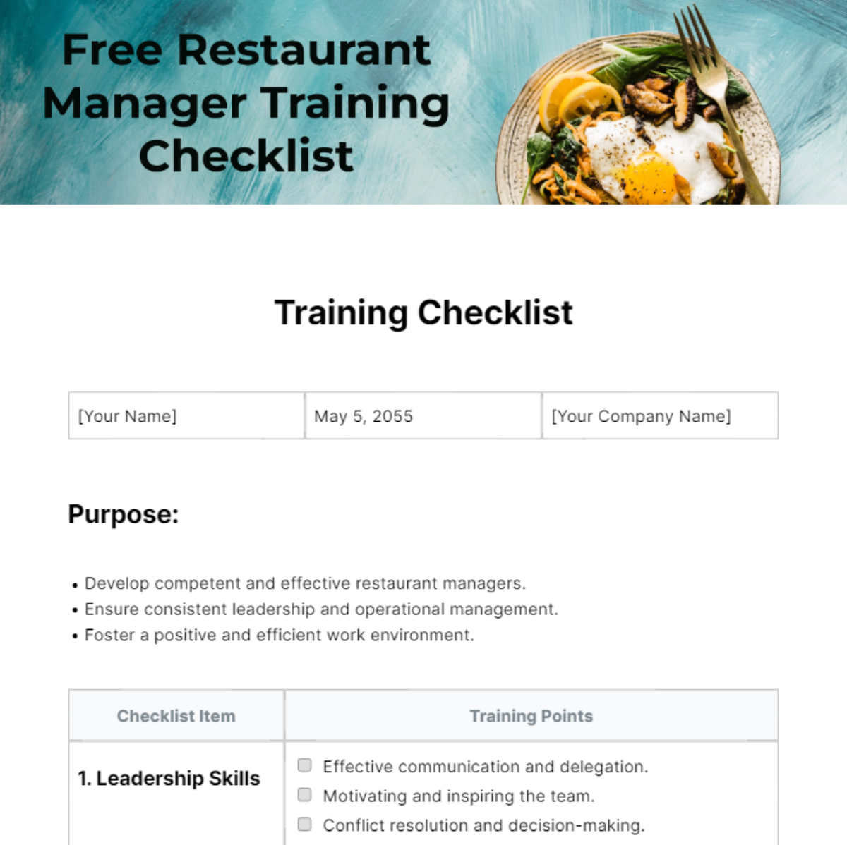 Restaurant Manager Training Checklist Template