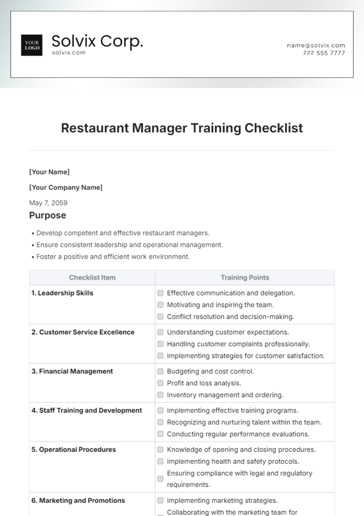 Restaurant Manager Training Checklist Template - Edit Online & Download