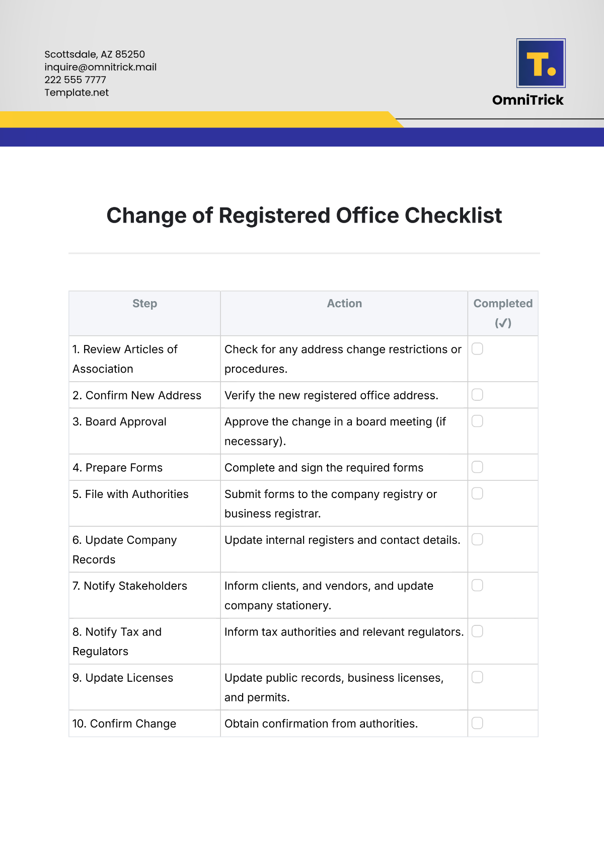 Change of Registered Office Checklist Template - Edit Online & Download