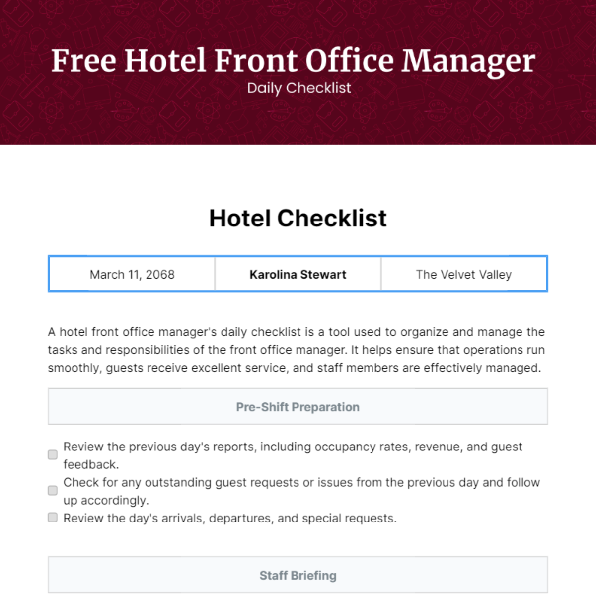 Free Hotel Front Office Manager Daily Checklist Template