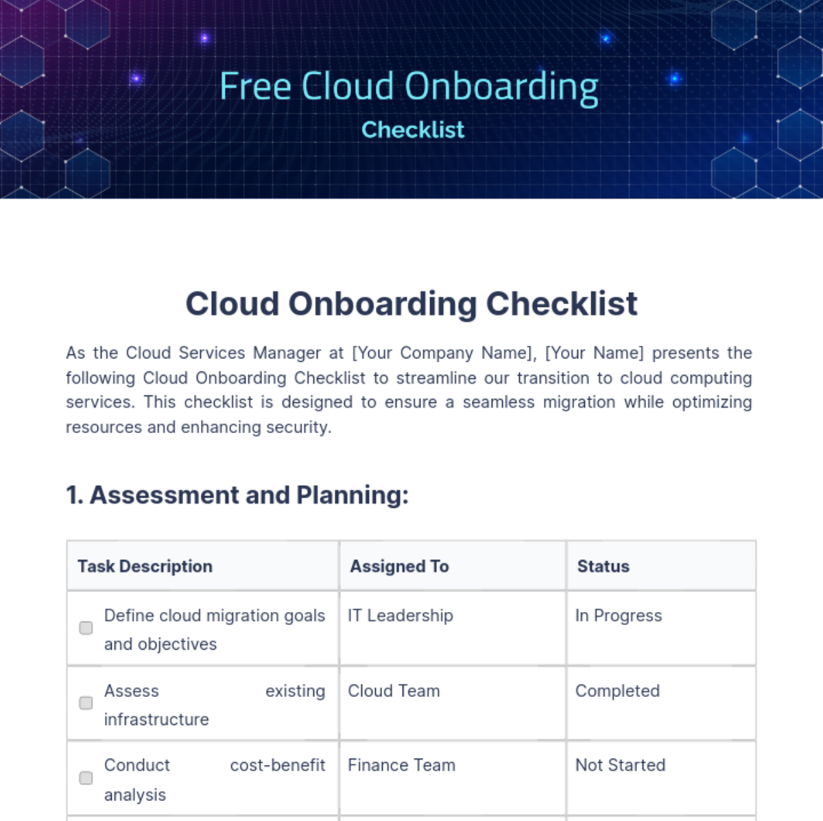 Cloud Onboarding Checklist Template