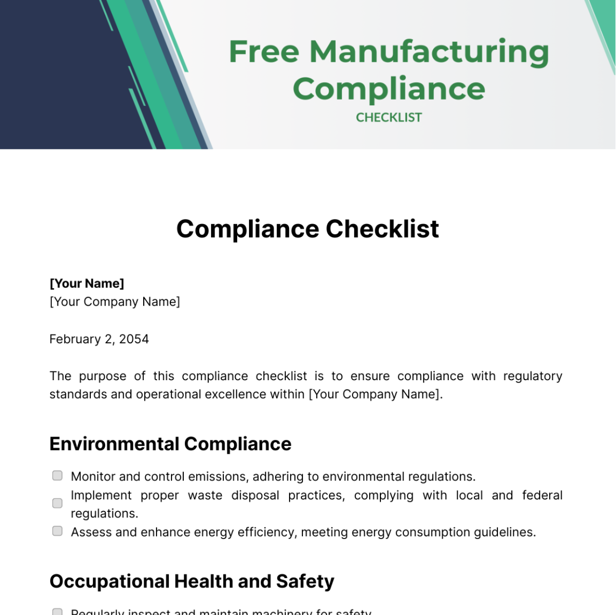 Manufacturing Compliance Checklist Template