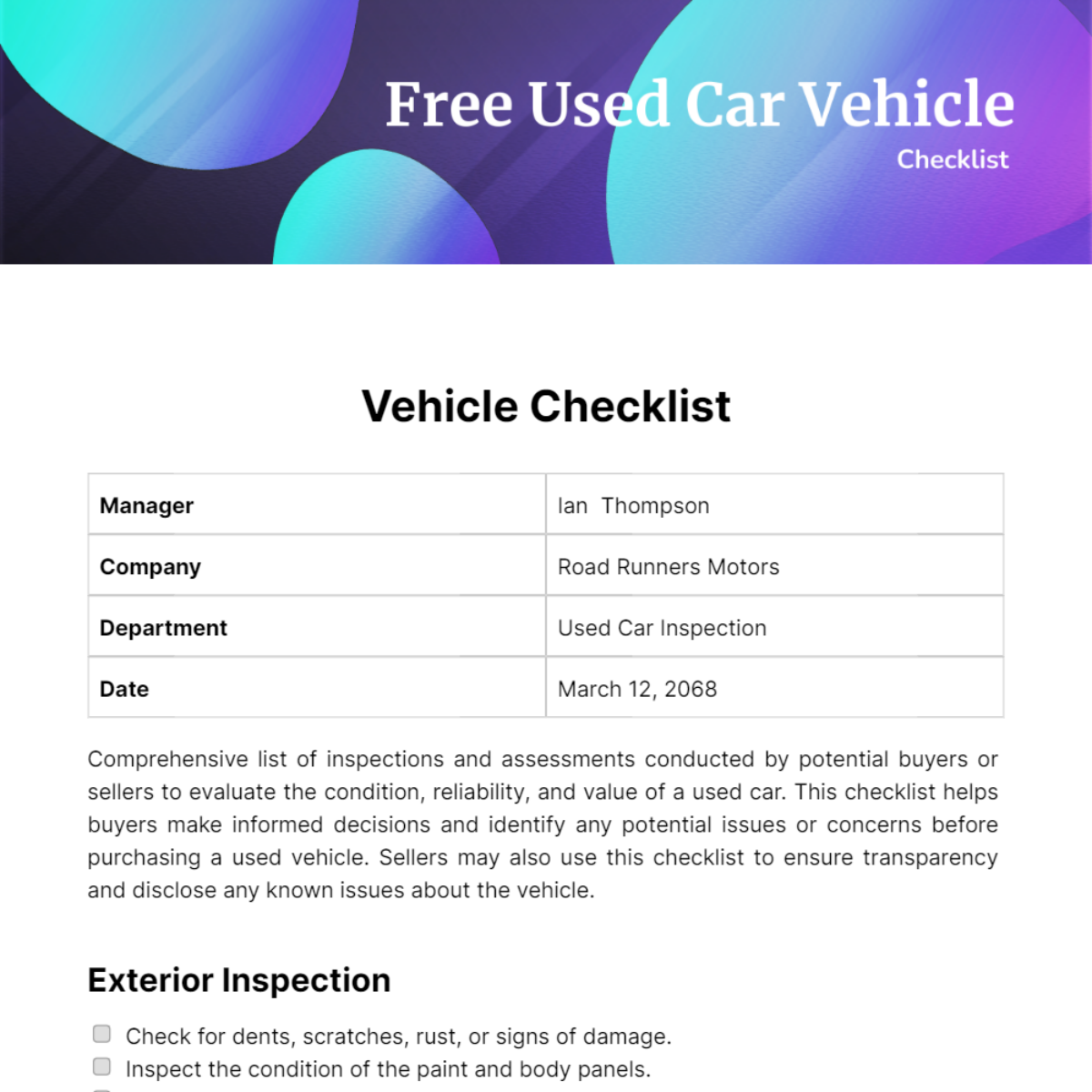 Used Car Vehicle Checklist Template