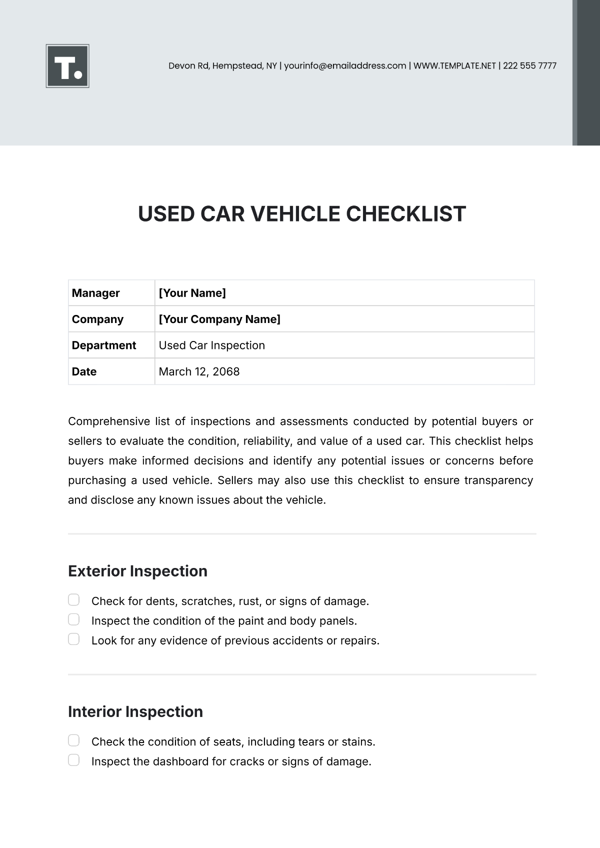 Used Car Vehicle Checklist Template - Edit Online & Download