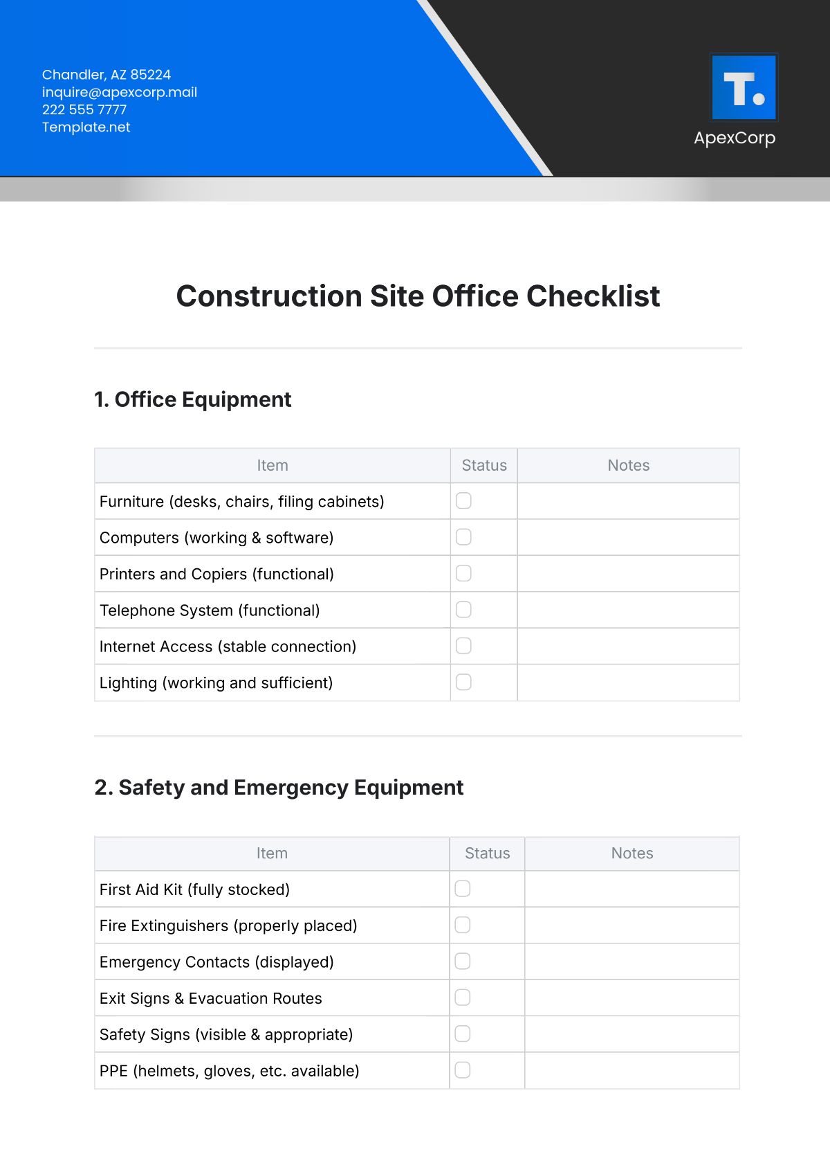 Construction Site Office Checklist Template - Edit Online & Download