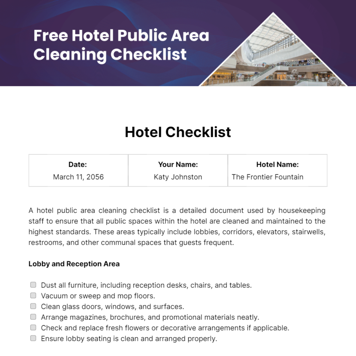 Hotel Public Area Cleaning Checklist Template