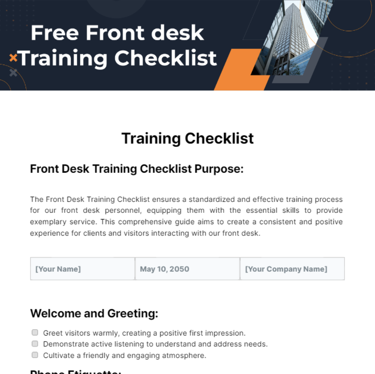 Front Desk Training Checklist Template