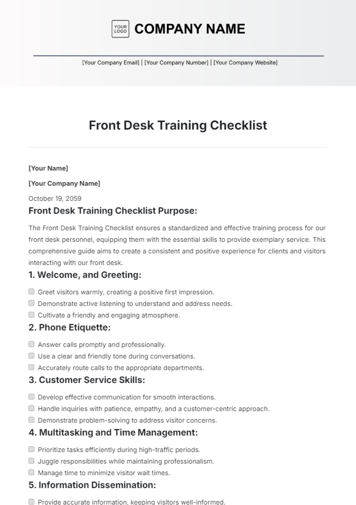 Front Desk Training Checklist Template - Edit Online & Download