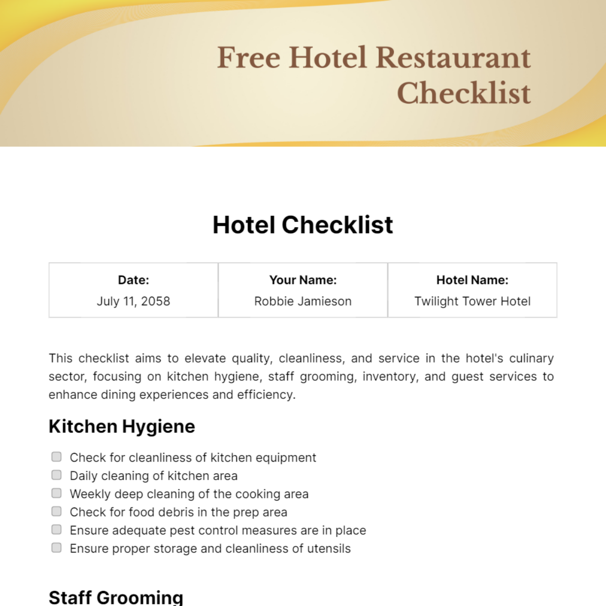 Hotel Restaurant Checklist Template