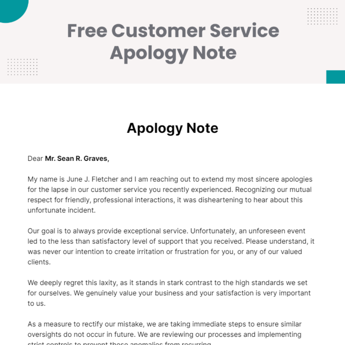 Customer Service Apology Note Template