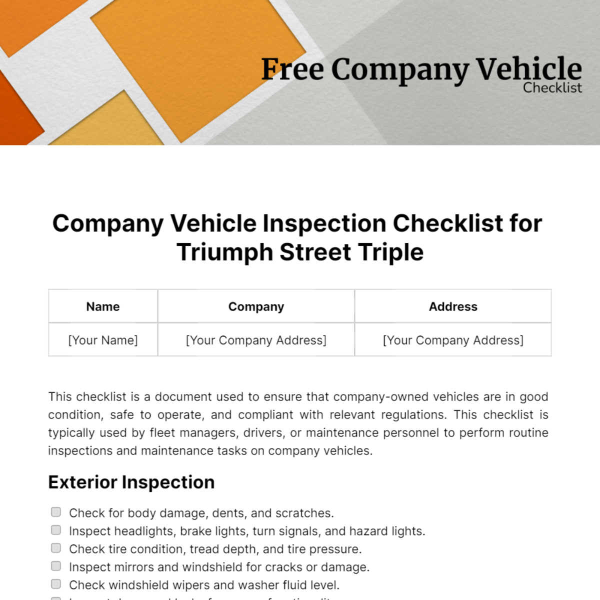 Company Vehicle Checklist Template