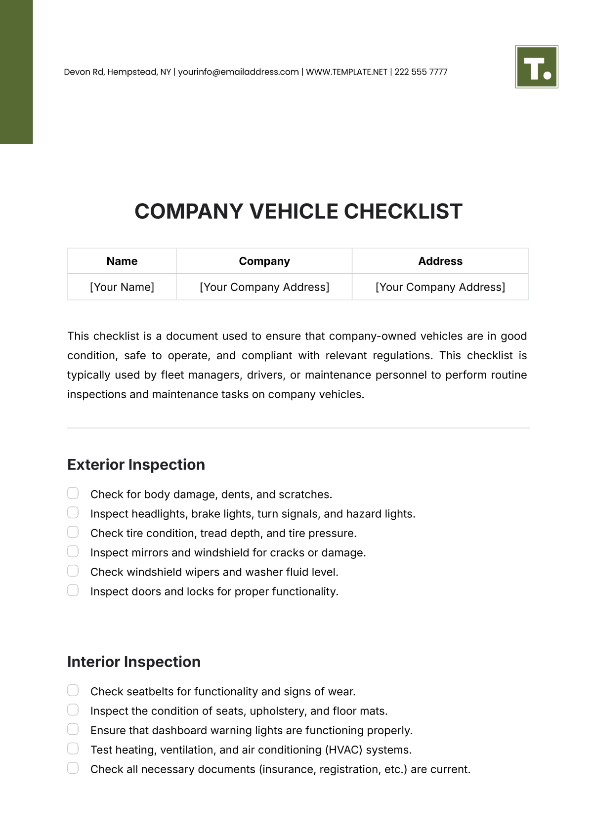 Company Vehicle Checklist Template - Edit Online & Download