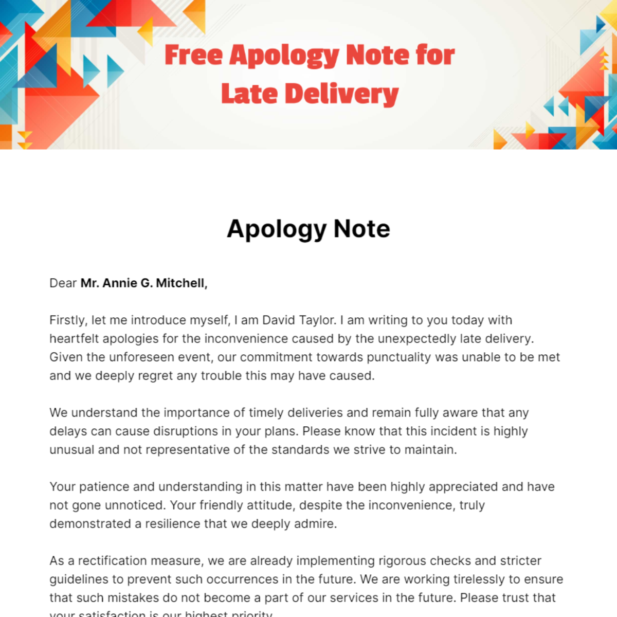 Free Apology Note for Late Delivery Template
