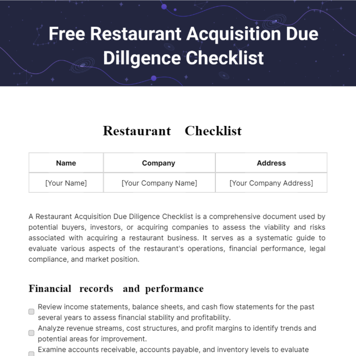 Restaurant Acquisition Due Diligence Checklist Template