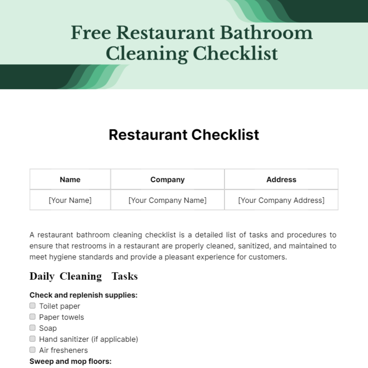 Restaurant Bathroom Cleaning Checklist Template
