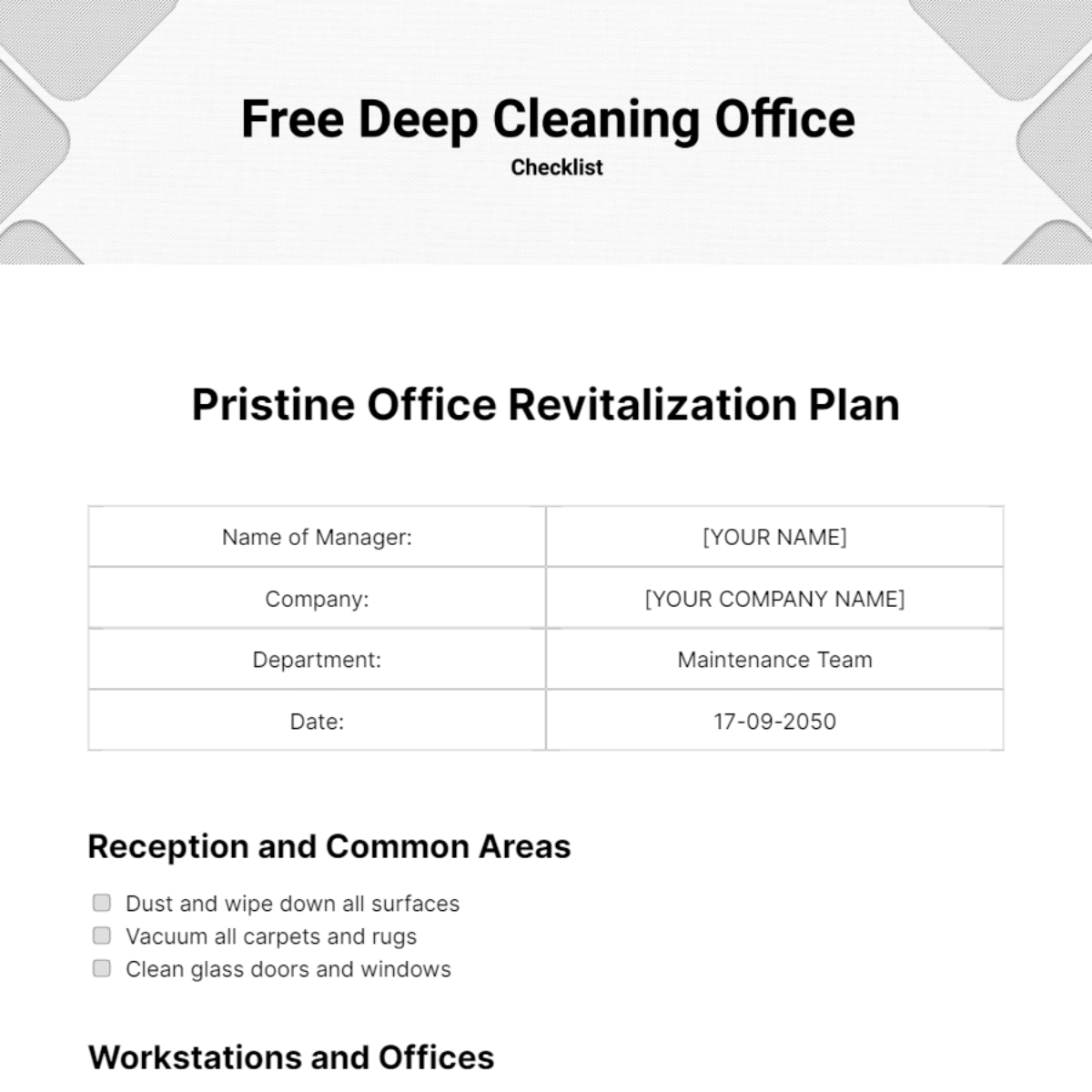 Deep Cleaning Office Checklist Template