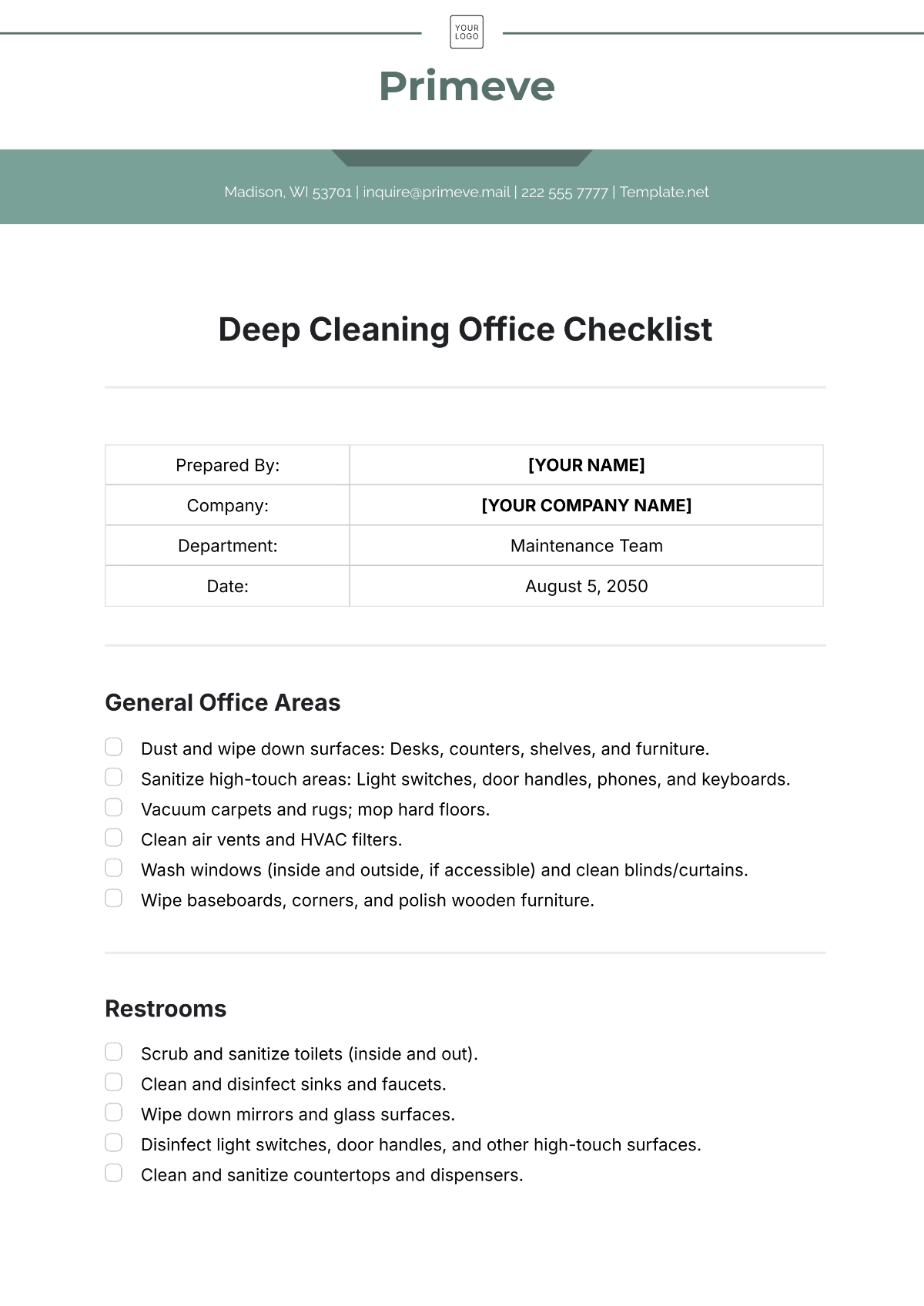 Deep Cleaning Office Checklist Template - Edit Online & Download