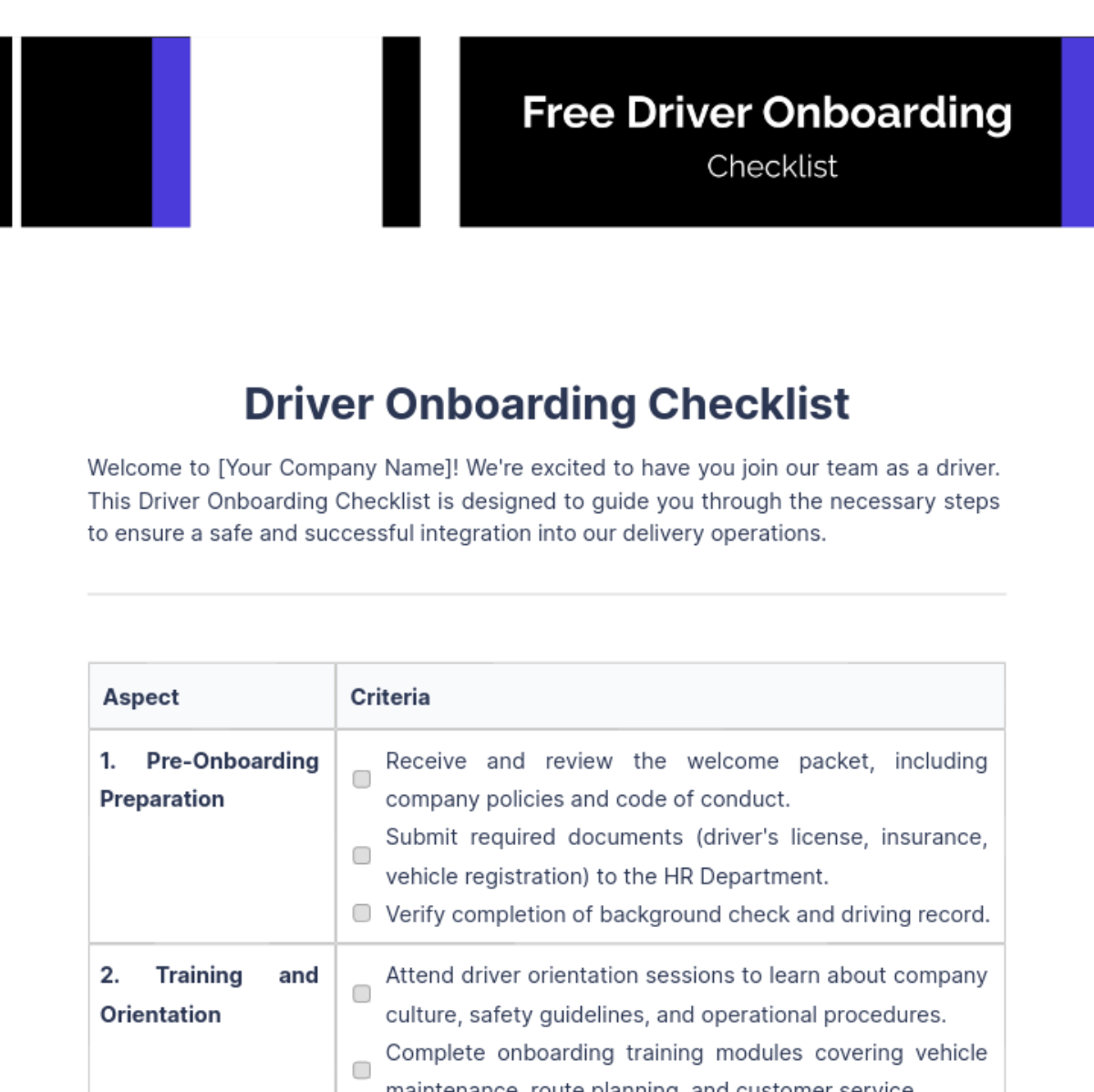 Driver Onboarding Checklist Template