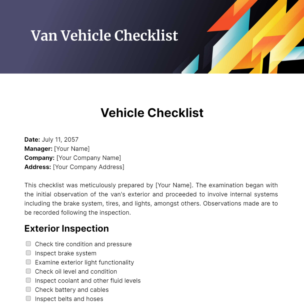 Van Vehicle Checklist Template