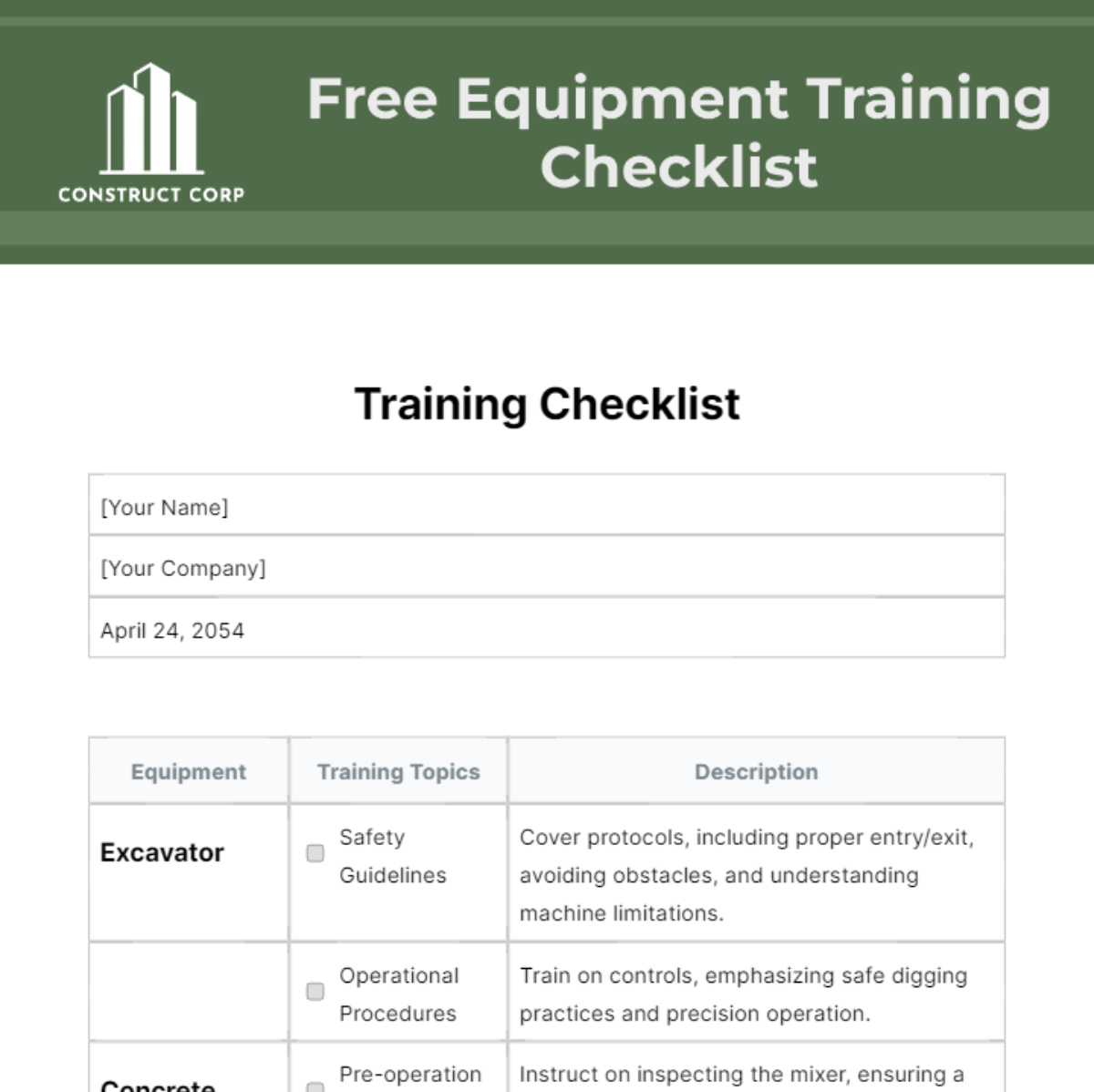Free Equipment Training Checklist Template