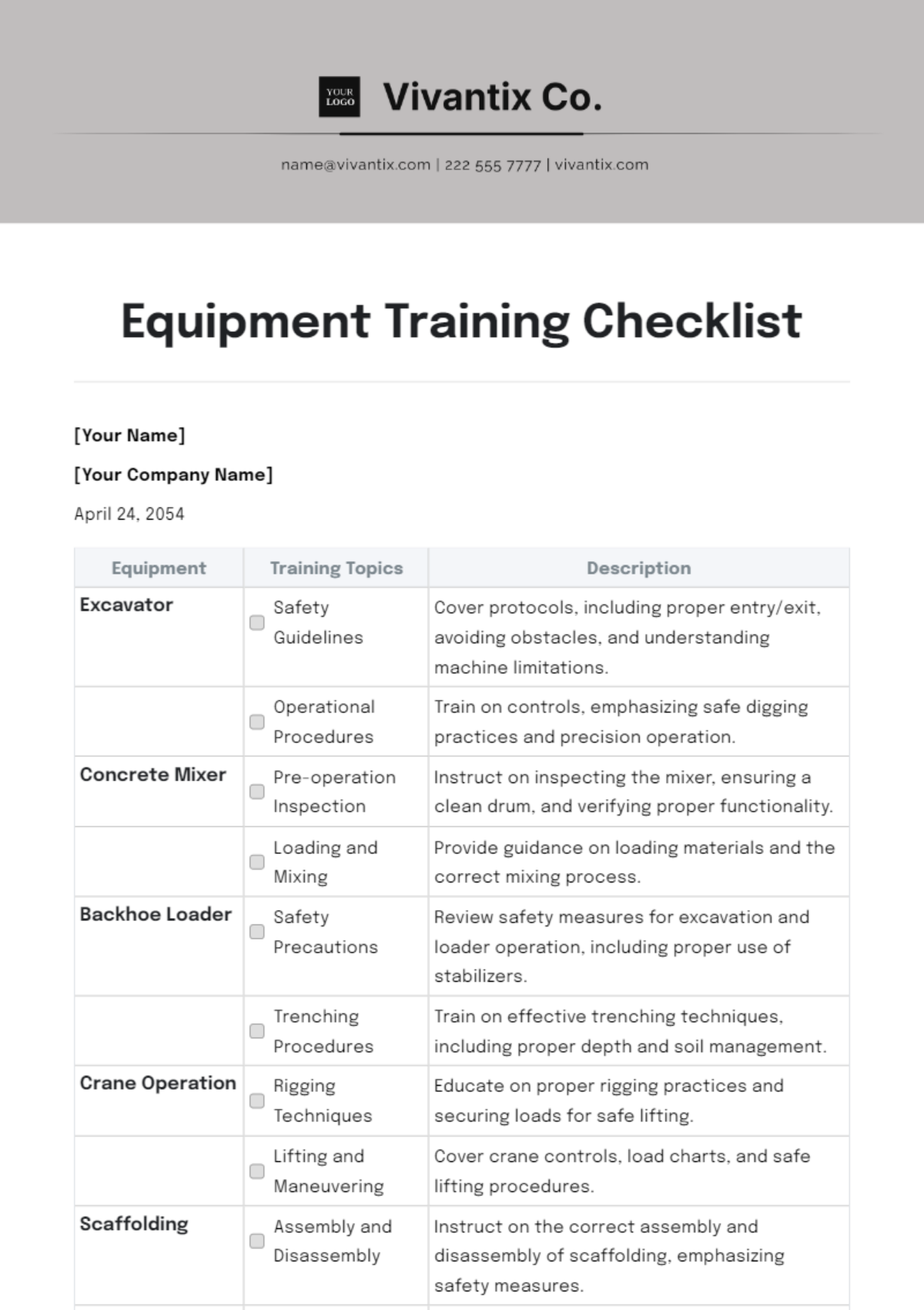 Equipment Training Checklist Template - Edit Online & Download