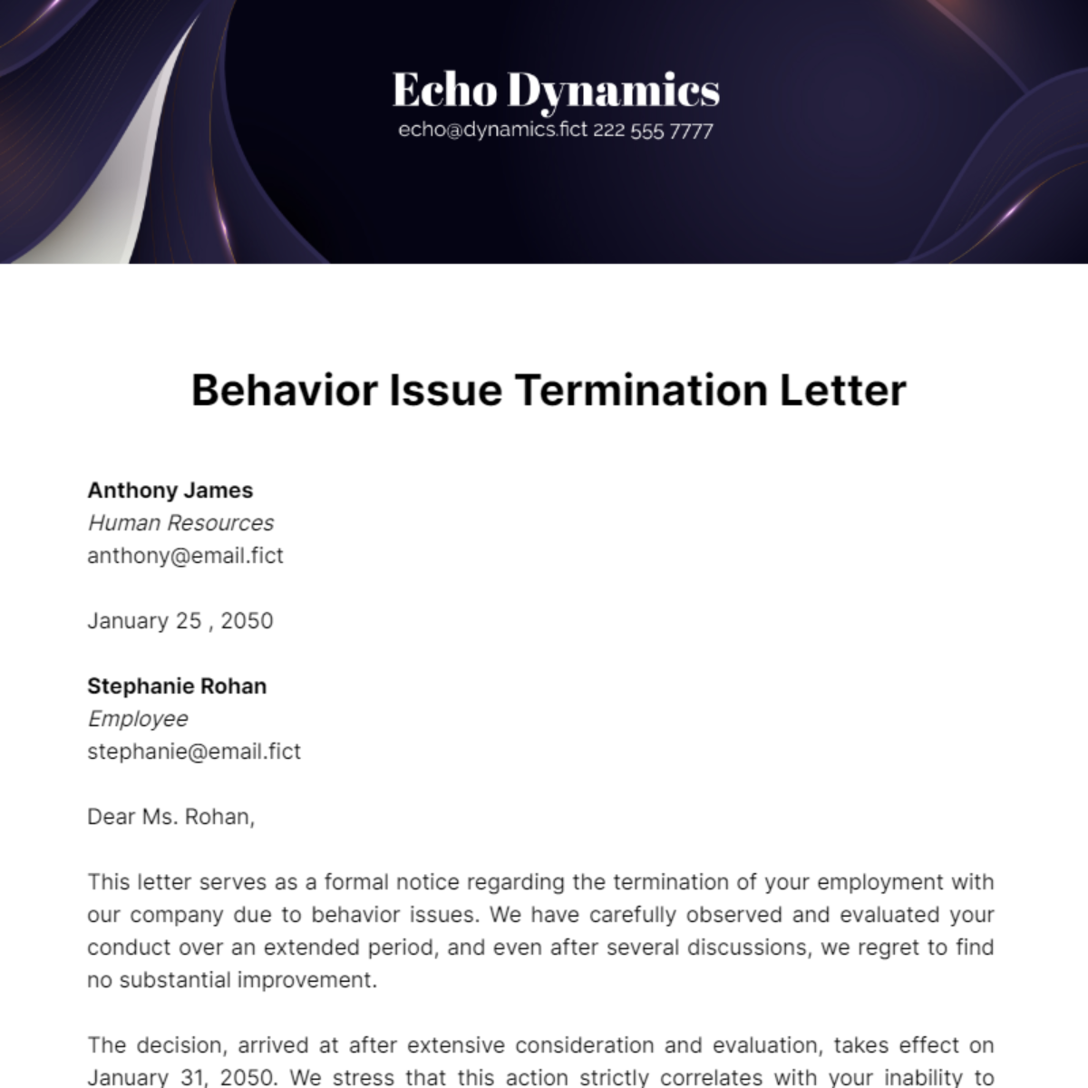 Behavior Issue Termination Letter Template
