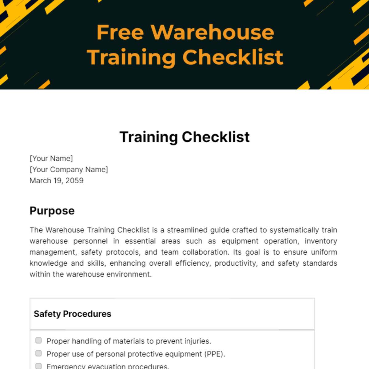 Free Warehouse Training Checklist Template