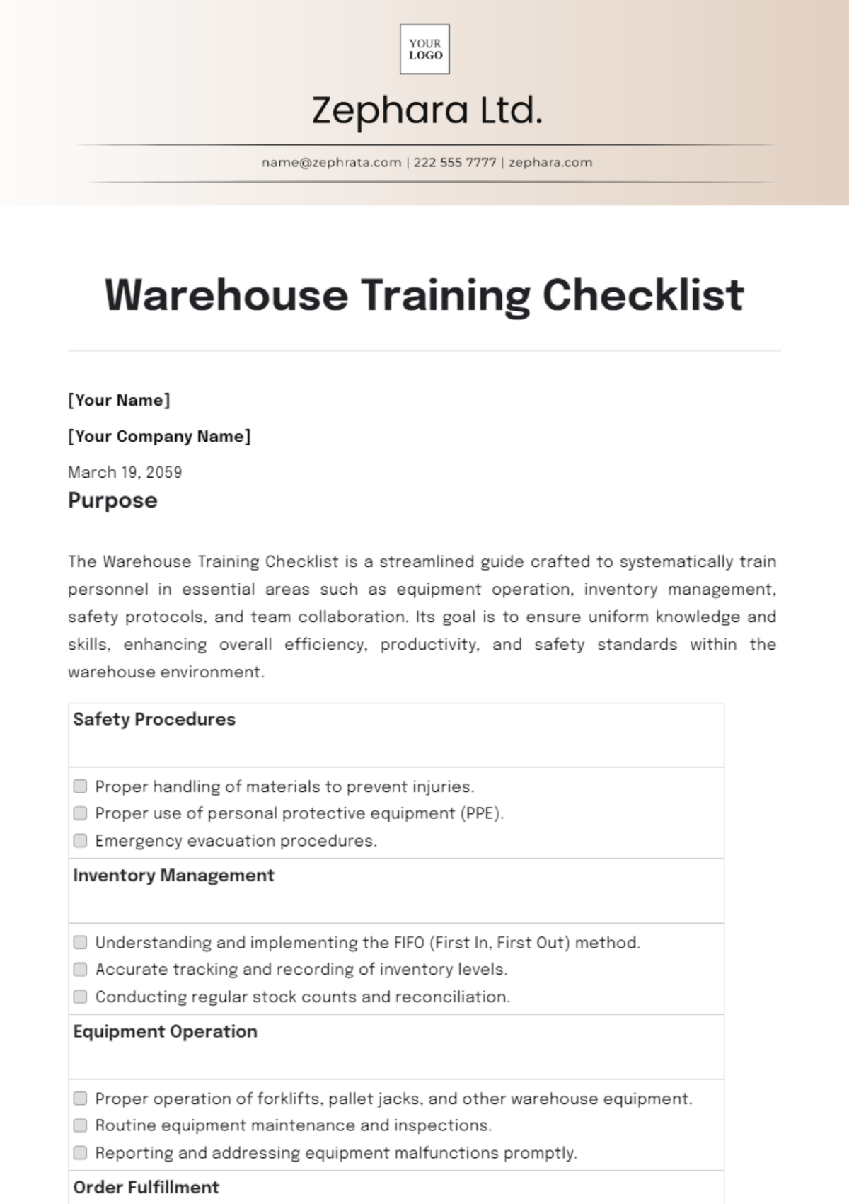 Warehouse Training Checklist Template - Edit Online & Download