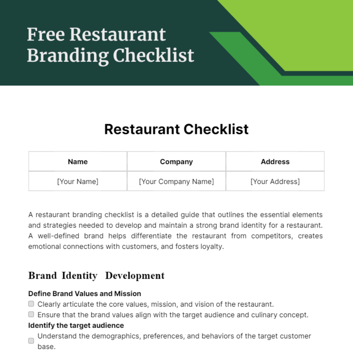 Restaurant Branding Checklist Template