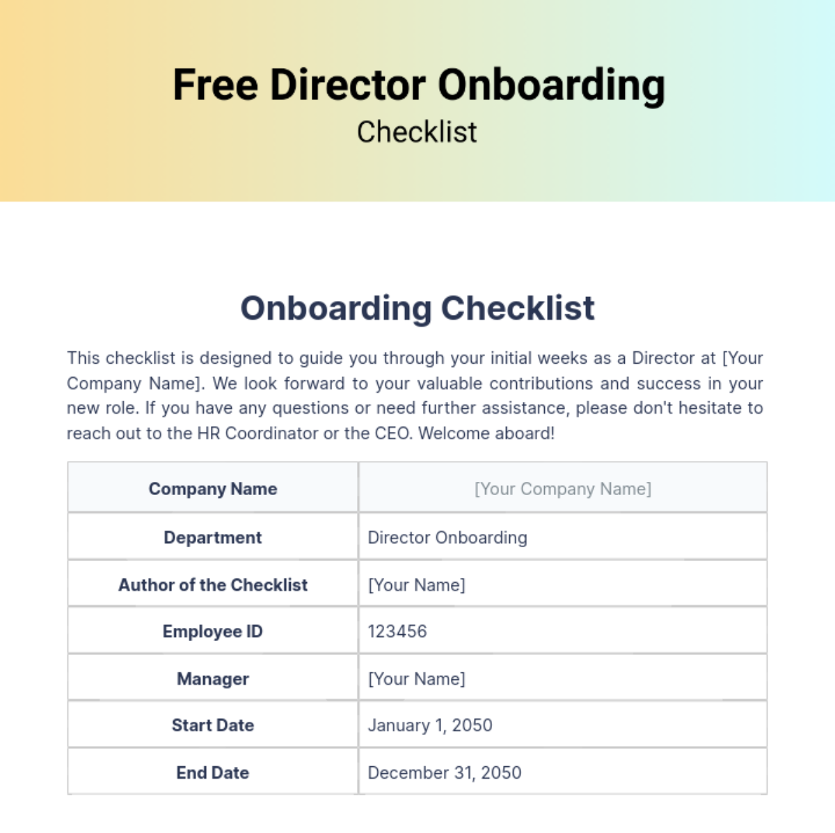 Director Onboarding Checklist Template