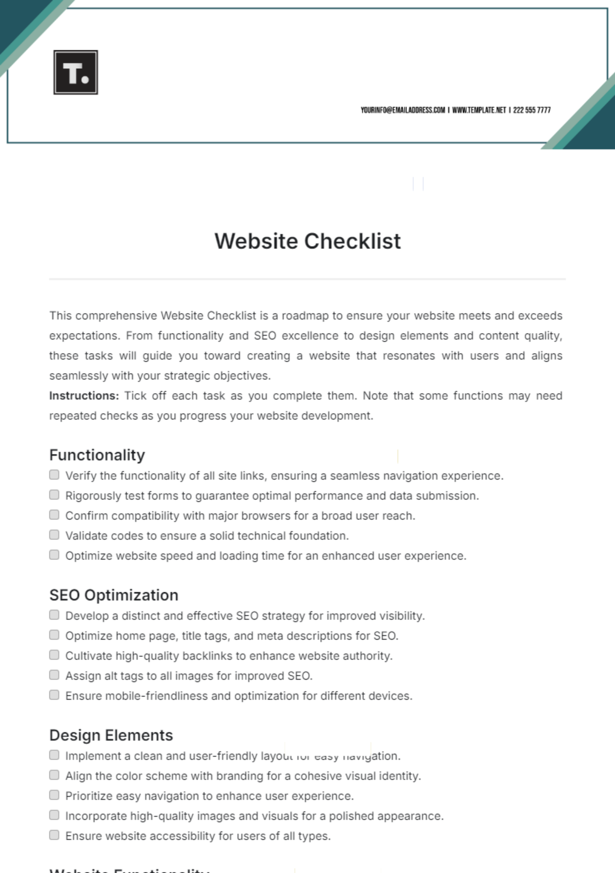 Website Checklist Template - Edit Online & Download