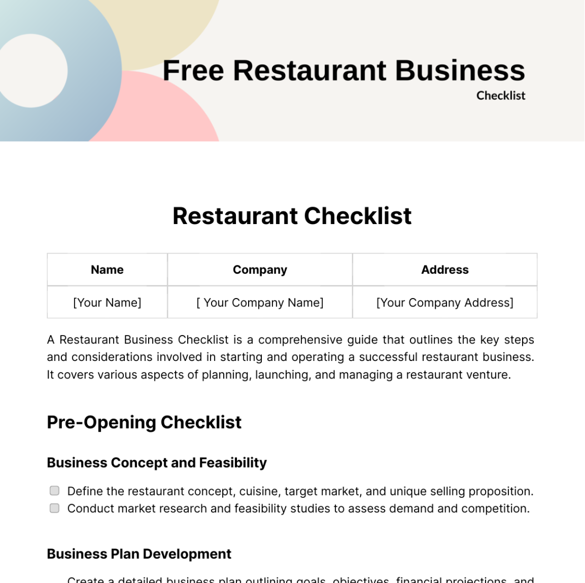 Restaurant Business Checklist Template