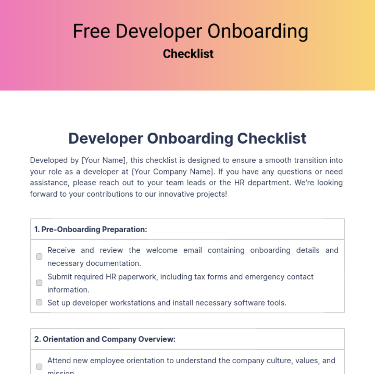 Free Developer Onboarding Checklist Template
