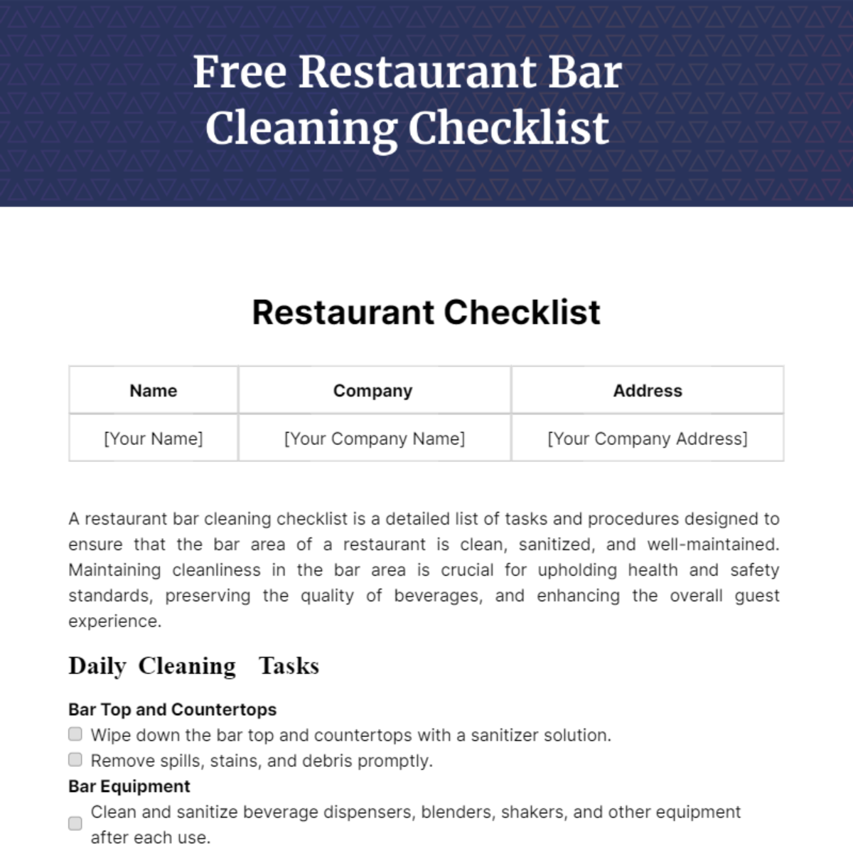 Restaurant Bar Cleaning Checklist Template