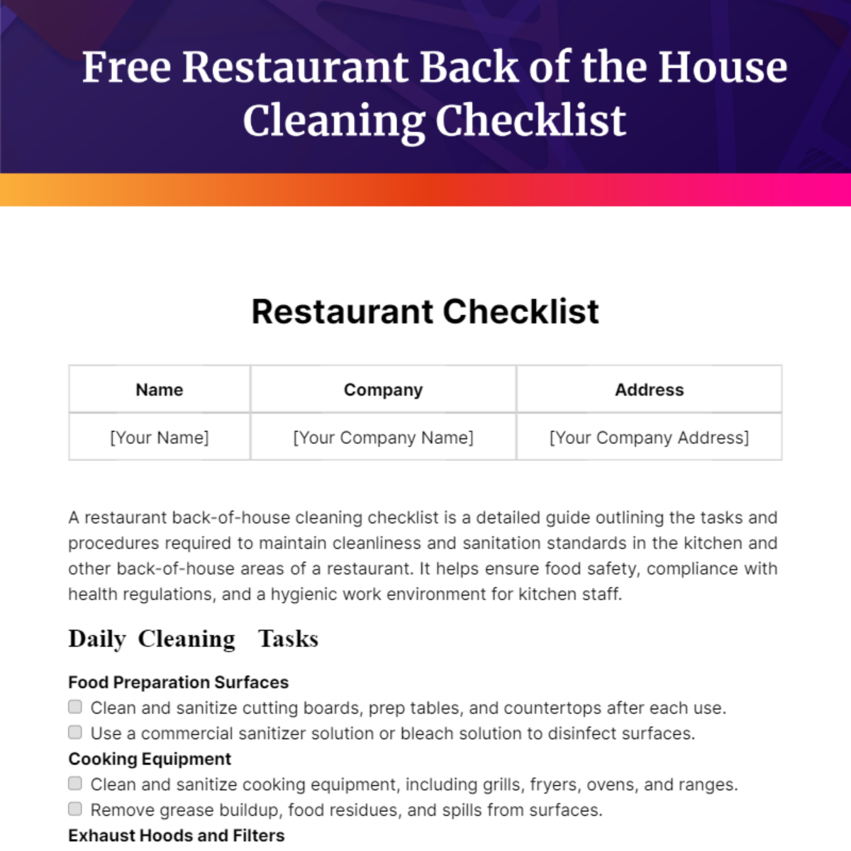 Restaurant Back of the House Cleaning Checklist Template