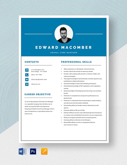 Animal Care Manager Resume Template - Word, Apple Pages, PSD